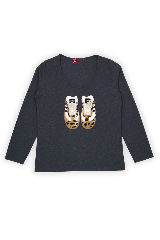 Dark Grey Cotton Long Sleeve Top with Shoe Print