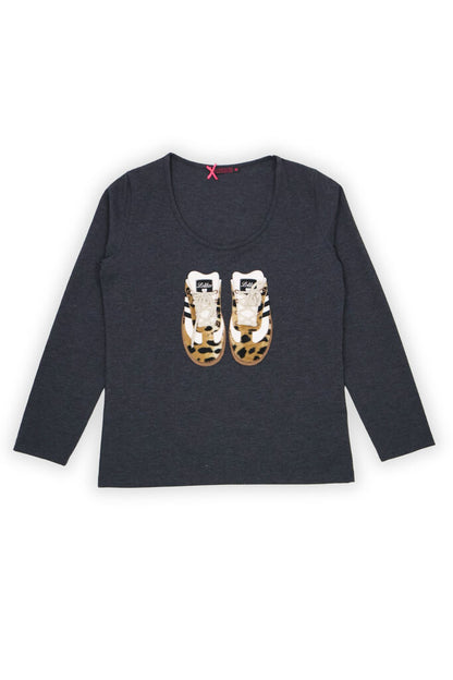 Dark Grey Cotton Long Sleeve Top with Shoe Print