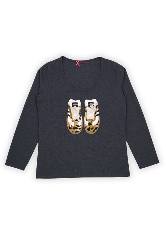 Dark Grey Cotton Long Sleeve Top with Shoe Print