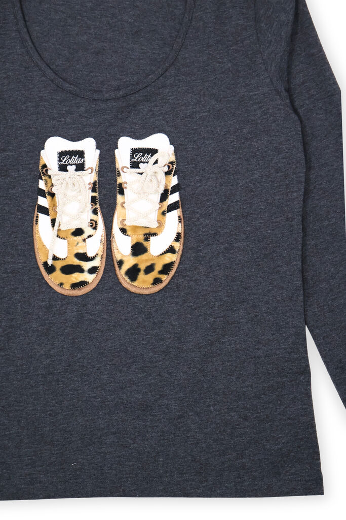 Dark Grey Cotton Long Sleeve Top with Shoe Print