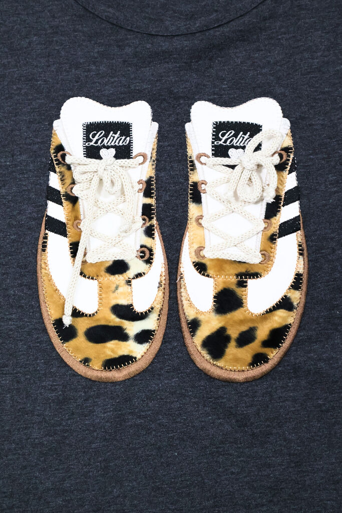 Dark Grey Cotton Long Sleeve Top with Shoe Print