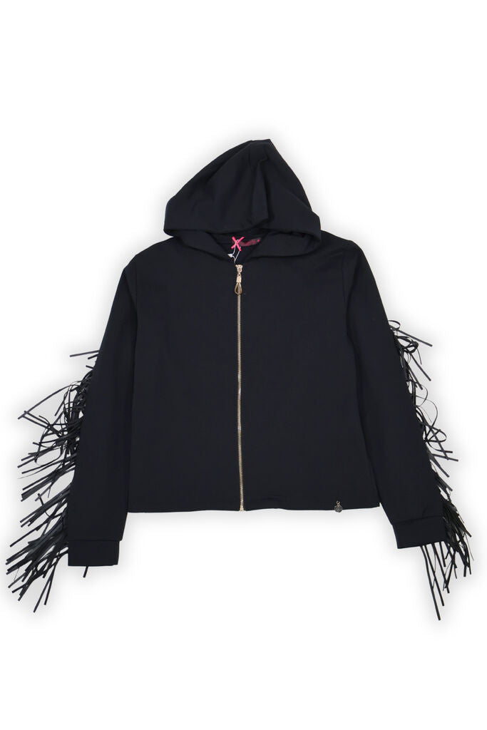 Black Fringe Sleeve Hooded Jacket
