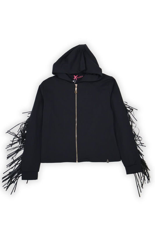 Black Fringe Sleeve Hooded Jacket