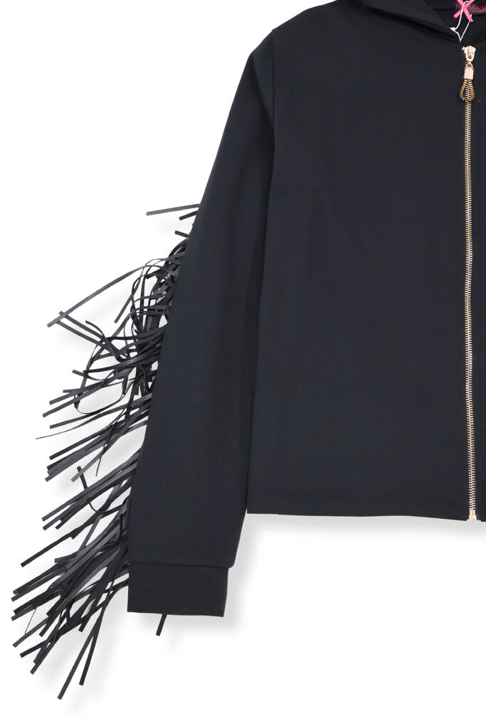 Black Fringe Sleeve Hooded Jacket