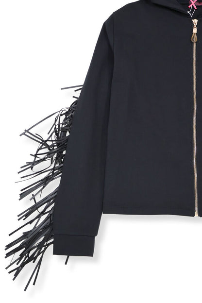 Black Fringe Sleeve Hooded Jacket