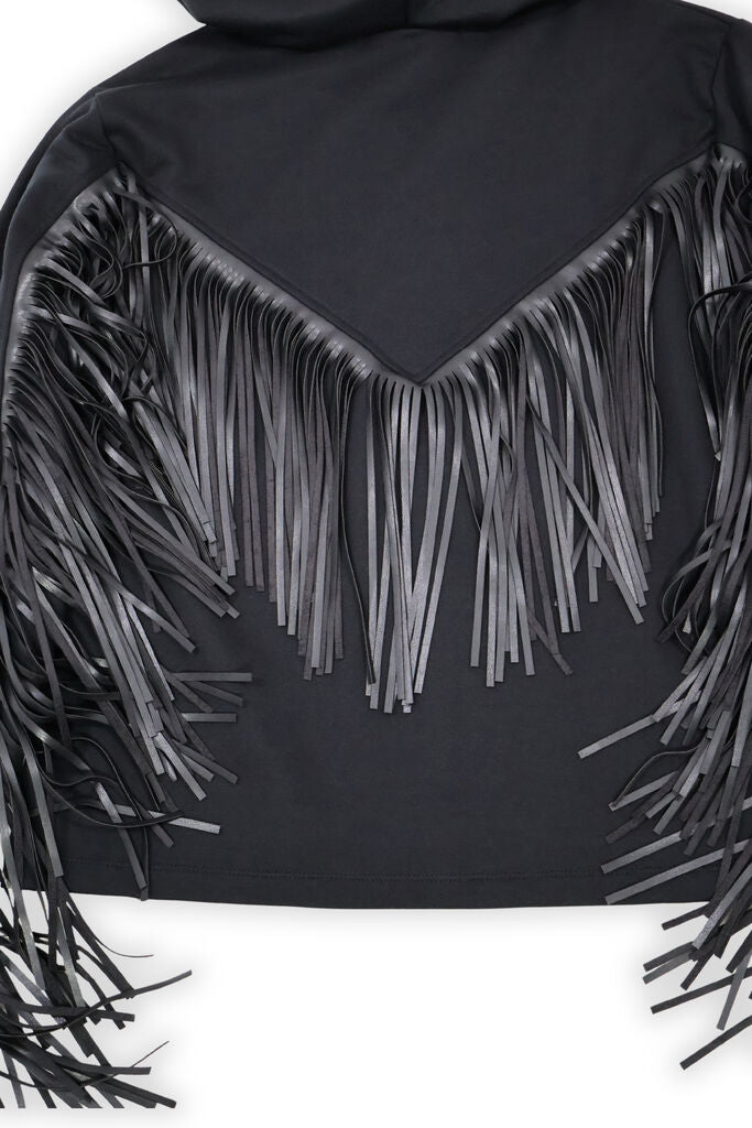 Black Fringe Sleeve Hooded Jacket