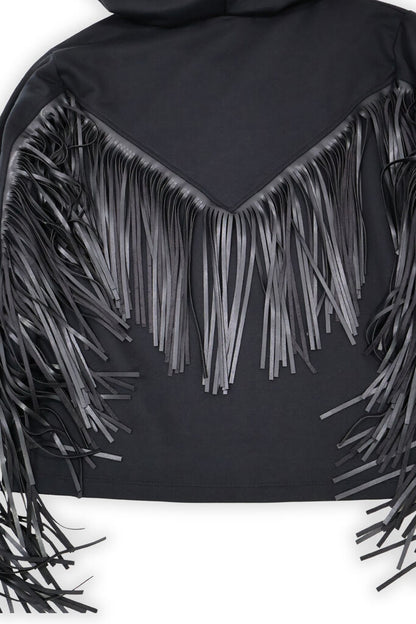 Black Fringe Sleeve Hooded Jacket