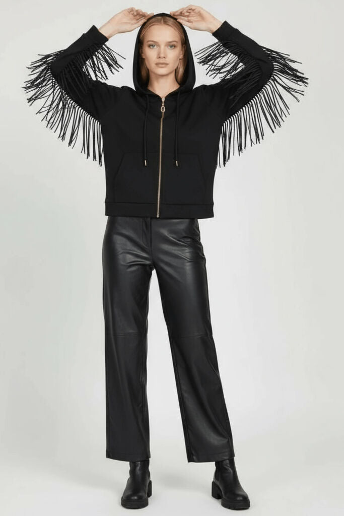 Black Fringe Sleeve Hooded Jacket