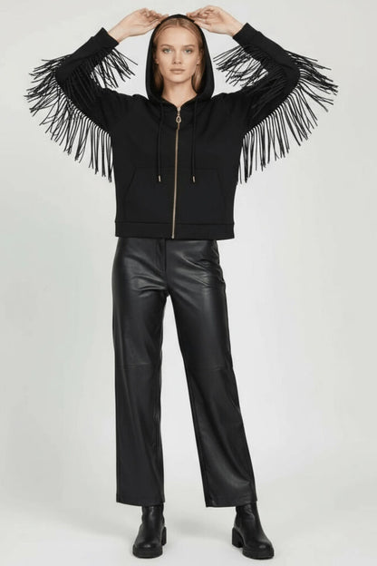 Black Fringe Sleeve Hooded Jacket