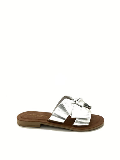 Silver Bow-Detail Slide Sandal with Flat Sole