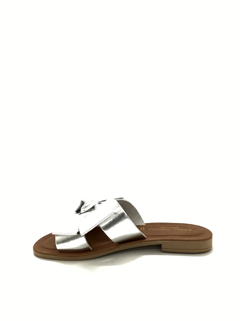 Silver Bow-Detail Slide Sandal with Flat Sole