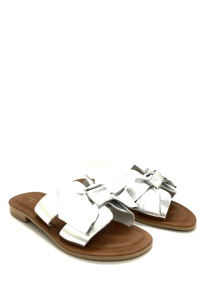 Silver Bow-Detail Slide Sandal with Flat Sole
