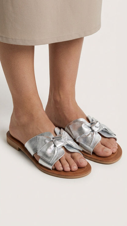 Silver Bow-Detail Slide Sandal with Flat Sole