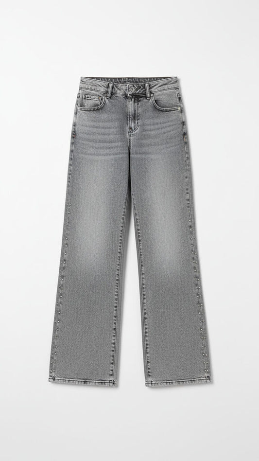 Grey Denim Wide-Leg Jeans