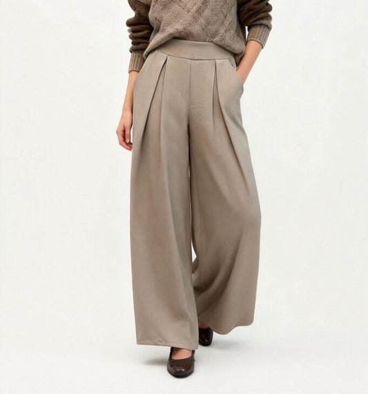 Taupe Wide-Leg Pants with Pleated Front