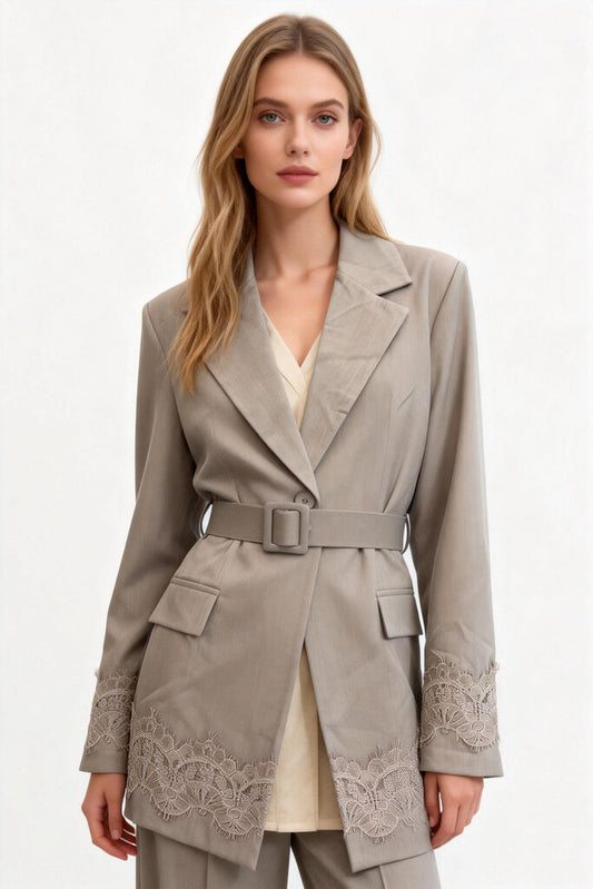 Gray Belted Blazer with Lace Cuff Accent