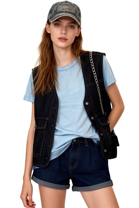 Blue Denim Vest with Chain Detail