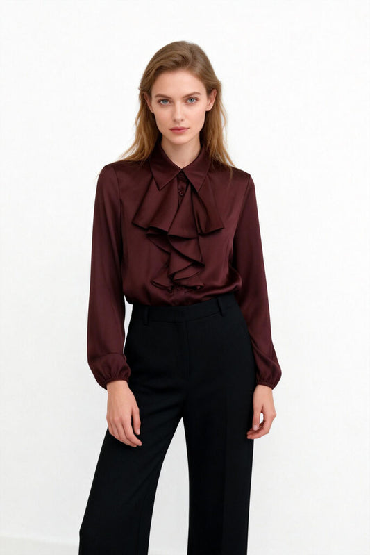 Rich Burgundy Satin Blouse with Pleated Front