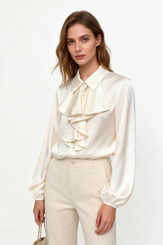 Ivory Satin Blouse with Ruffled Front