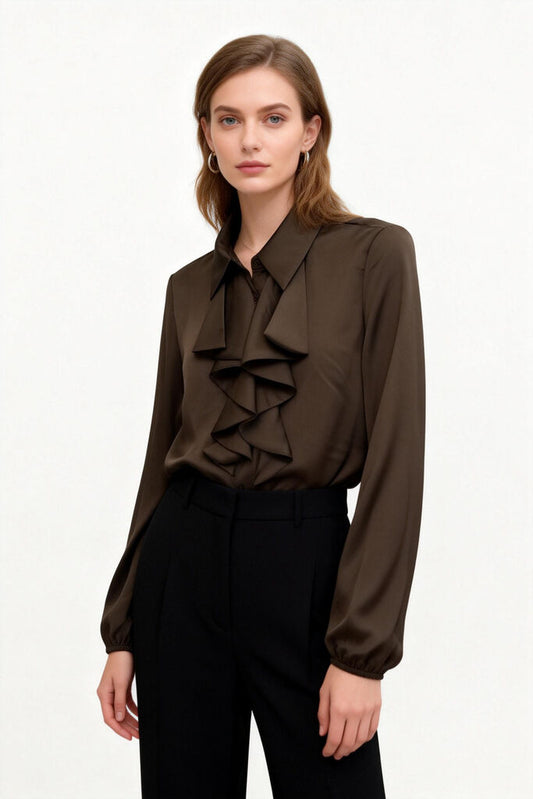 Dark Brown Draped Long Sleeve Blouse