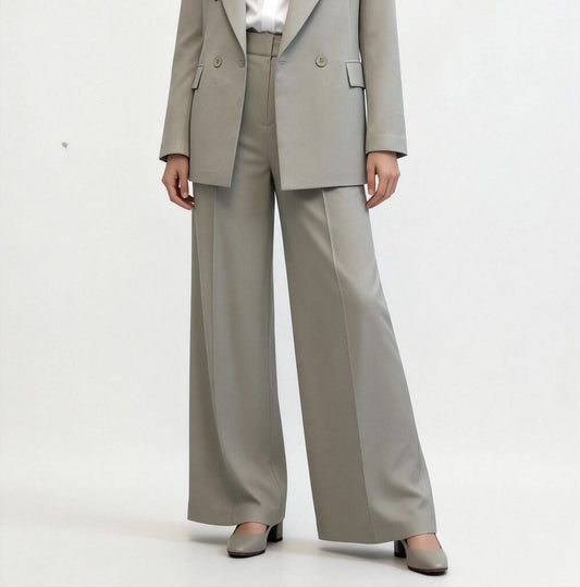 Gray Wide-Leg Pants with Double Pleats