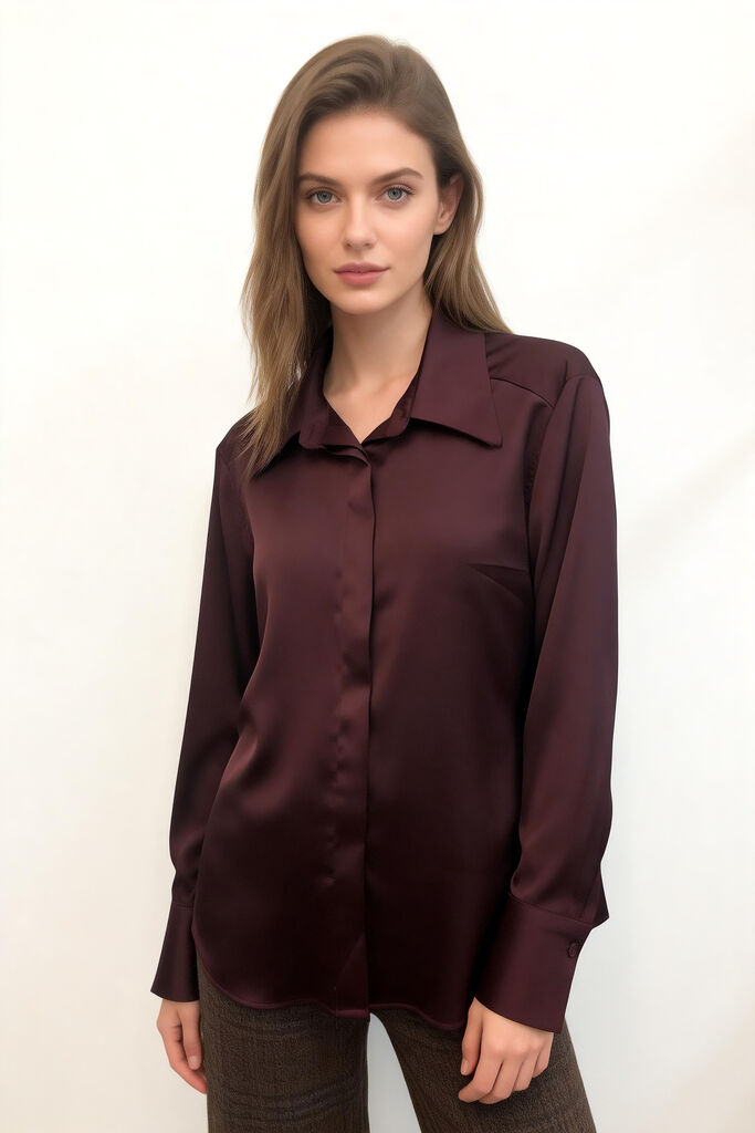 Burgundy Satin Button-Up Long Sleeve Shirt