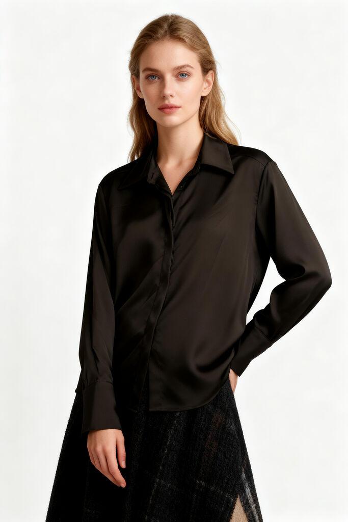 Black Satin Long-Sleeve Blouse with Classic Collar