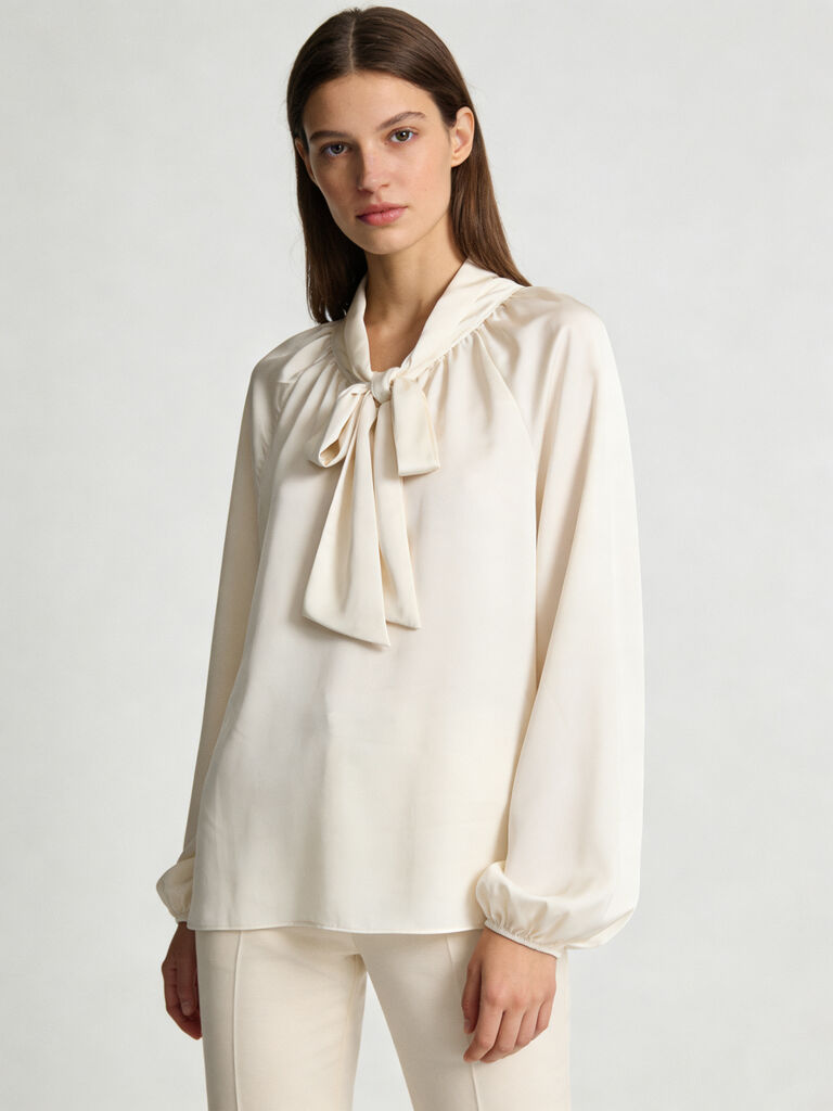 Cream Satin Blouse with Tie Neck Detail