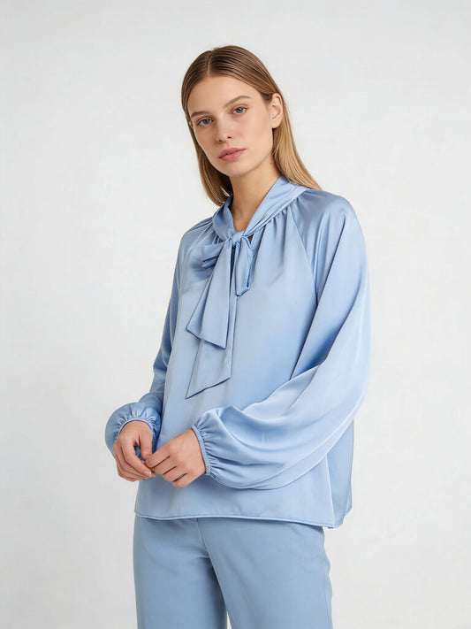 Light Blue Satin Blouse with Bow Tie Detail