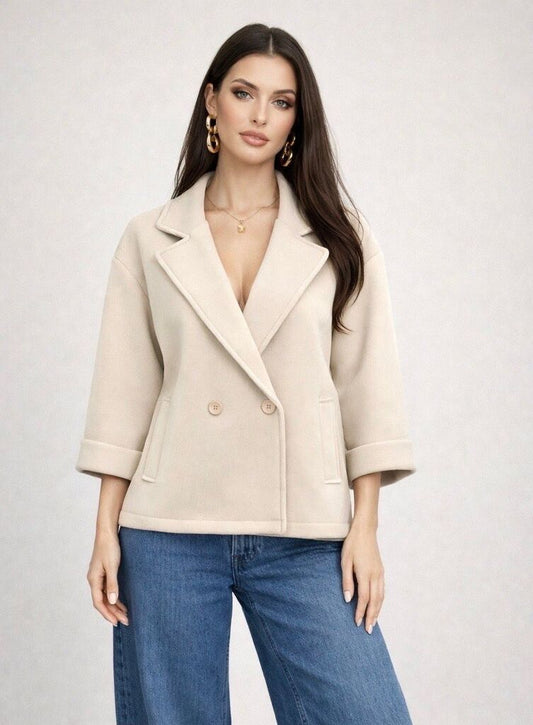 Beige Double-Breasted Jacket with Rolled Sleeves