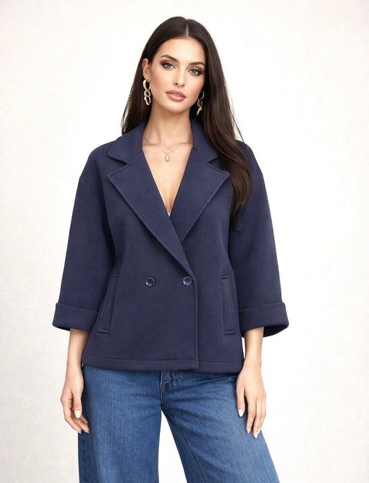 Navy Double-Breasted Wool Blend Jacket with Rolled Sleeves