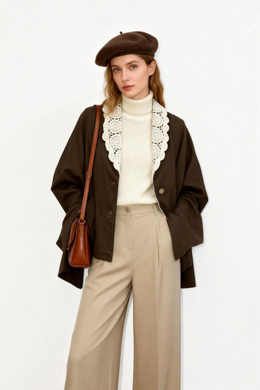 Brown Relaxed Jacket with Lace Collar