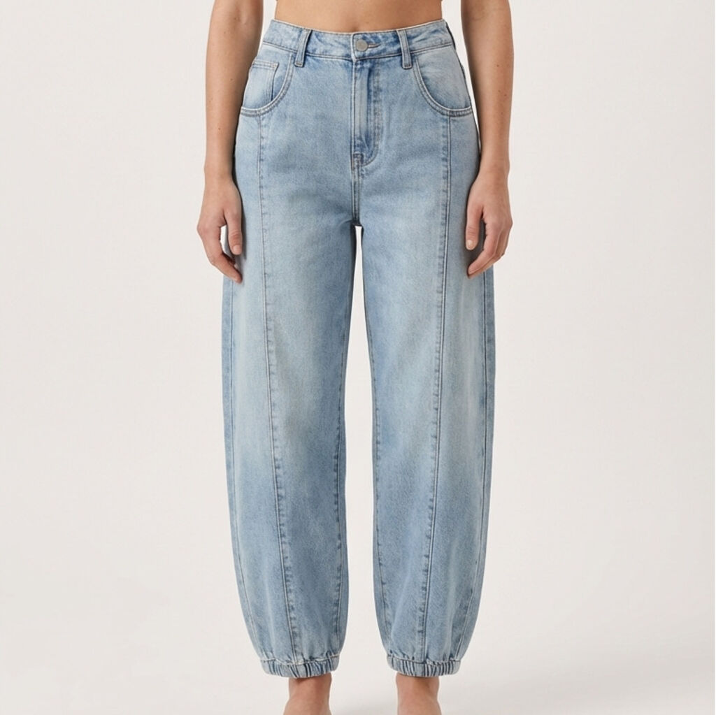 Light Blue Denim Barrel-Leg Jeans with Elastic Hem