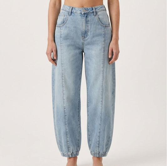 Light Blue Denim Barrel-Leg Jeans with Elastic Hem