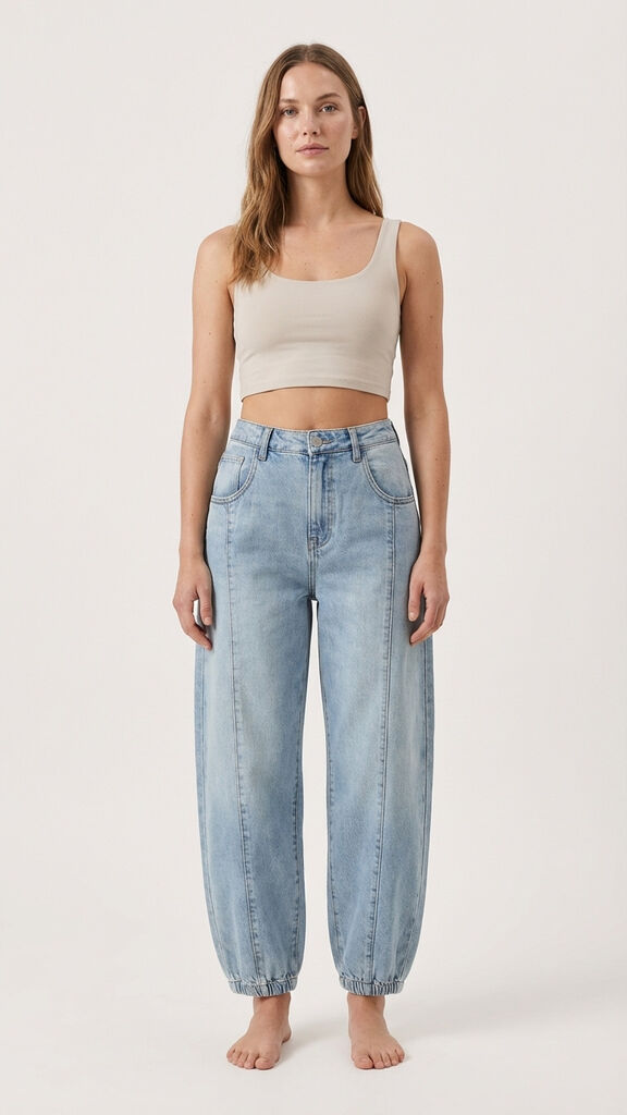 Light Blue Denim Barrel-Leg Jeans with Elastic Hem