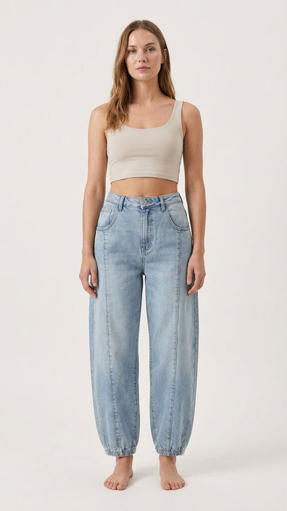Light Blue Denim Barrel-Leg Jeans with Elastic Hem