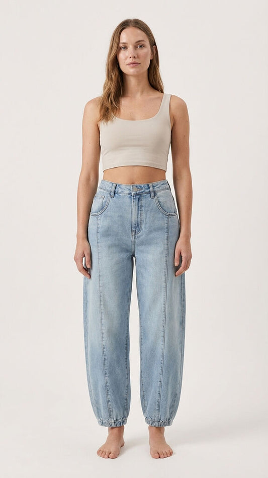 Light Blue Denim Barrel-Leg Jeans with Elastic Hem