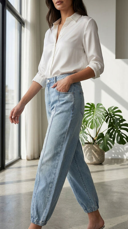 Light Blue Denim Barrel-Leg Jeans with Elastic Hem