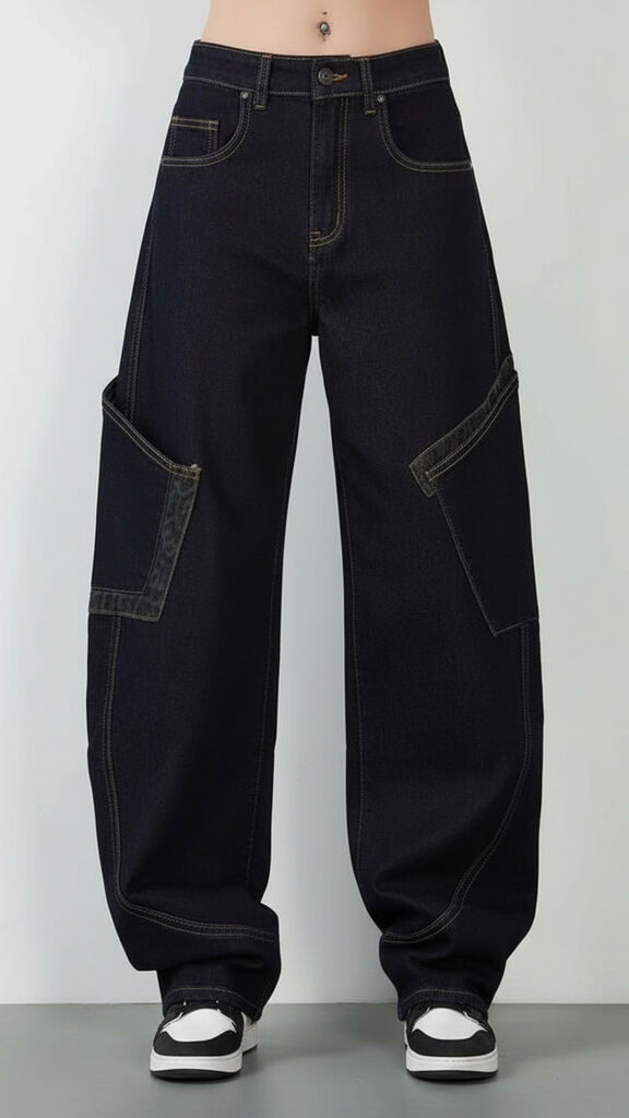 Black Denim Cargo Pants with Wide-Leg Fit