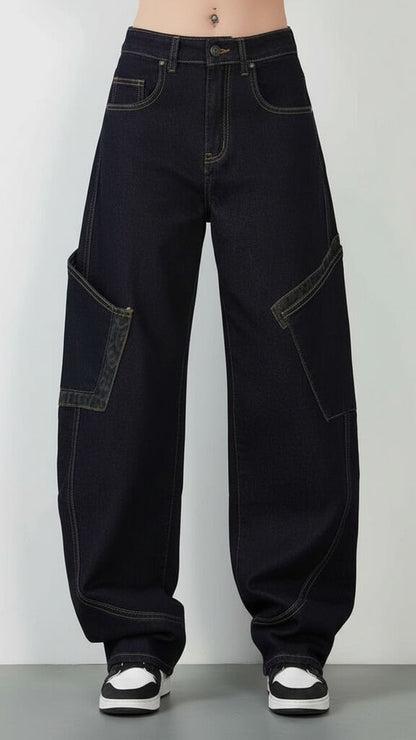 Black Denim Cargo Pants with Wide-Leg Fit