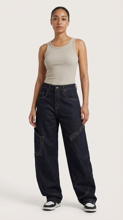 Black Denim Cargo Pants with Wide-Leg Fit