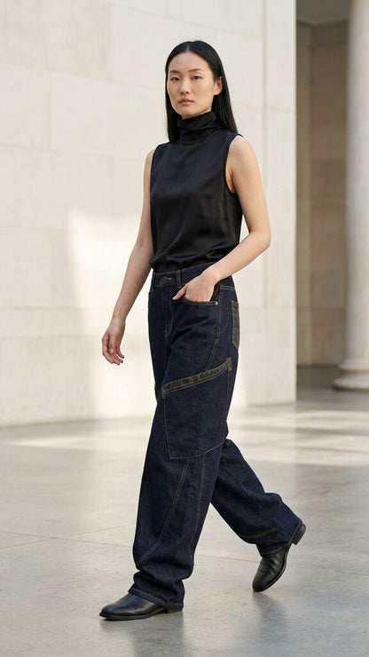 Black Denim Cargo Pants with Wide-Leg Fit