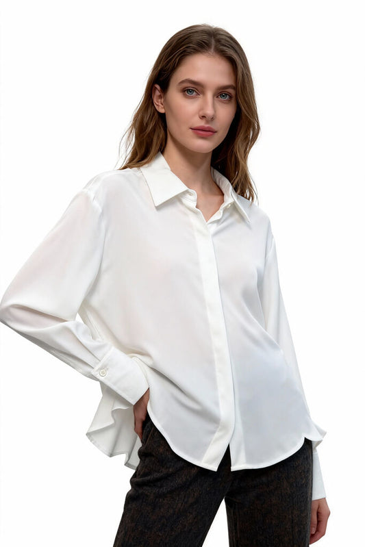 White Satin Blouse with Fluid Drape