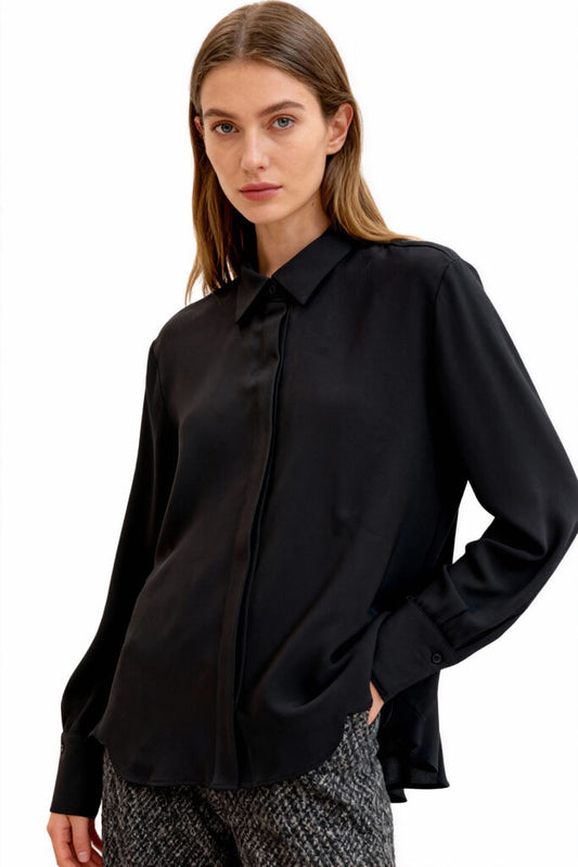 Black Silk Blouse with Concealed Button Placket