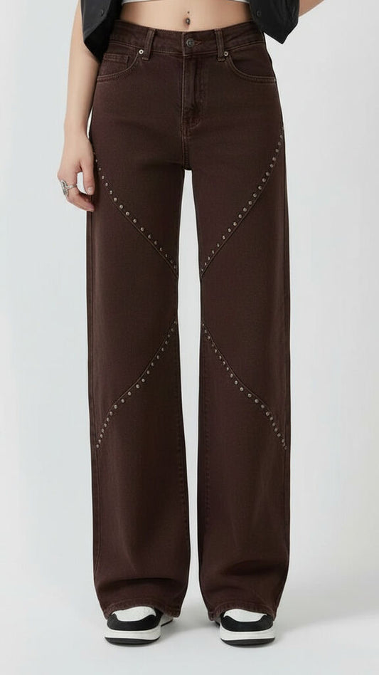 Brown Studded Denim Wide-Leg Pants