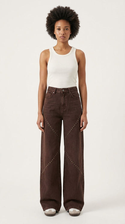 Brown Studded Denim Wide-Leg Pants
