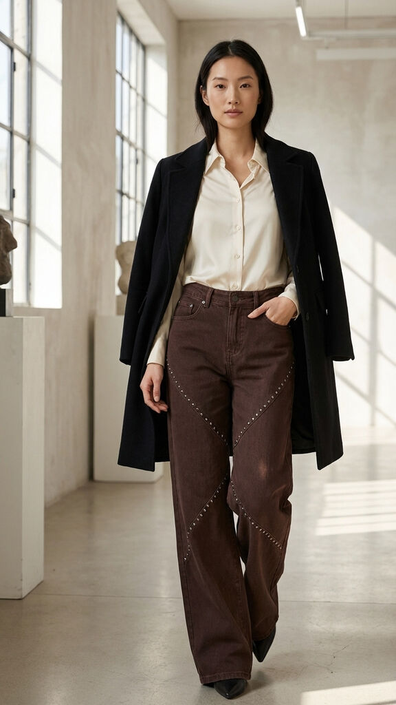Brown Studded Denim Wide-Leg Pants