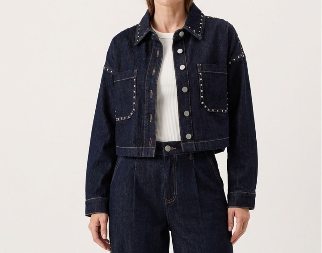 Dark Denim Studded Jacket with Button Closure