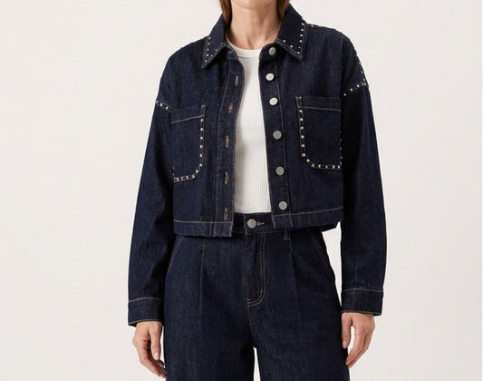 Dark Denim Studded Jacket with Button Closure