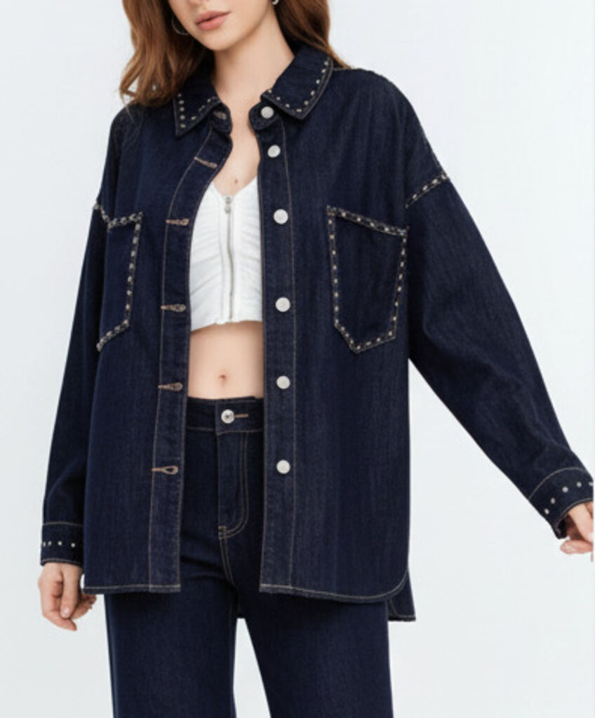 Dark Wash Denim Overshirt with Stud Accents
